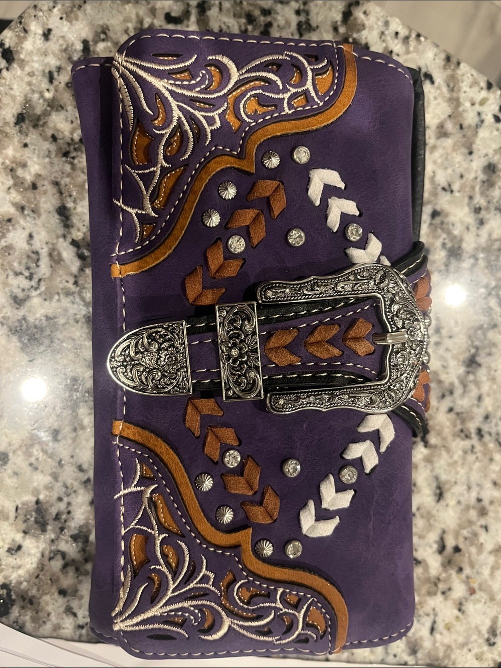 Suede Purple  Embroidered Western Wallet/with strap for purse look